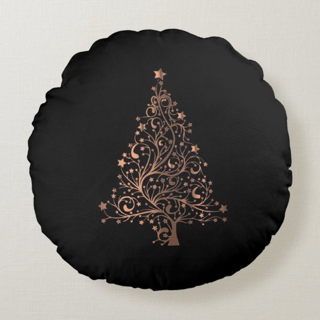 Starry Christmas Tree Black Brown Copper Elegant Round Cushion (Front)