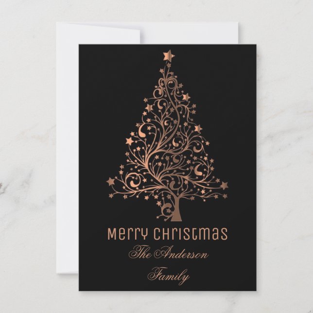 Starry Christmas Tree Black Brown Copper Metallic Holiday Card (Front)