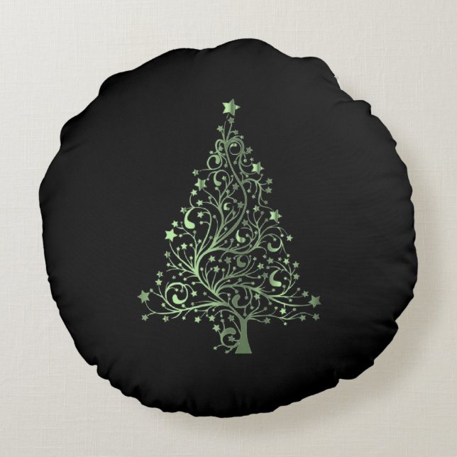 Starry Christmas Tree Black Green Elegant Round Cushion (Back)