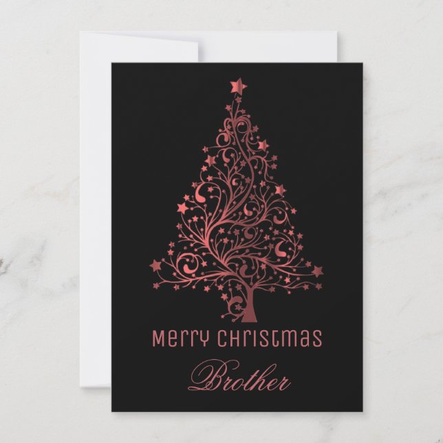 Starry Christmas Tree Black Red Metallic Look Holiday Card (Front)