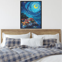 Starry Coastal Village Impressionist Art