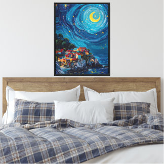 Starry Coastal Village Impressionist Art Canvas Print