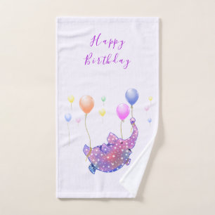 Starry Elephant Flying Colourful Balloons Birthday Bath Towel Set