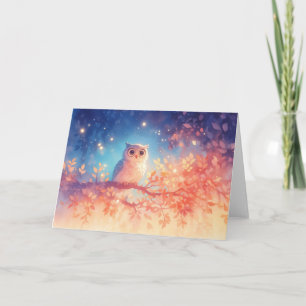Starry-Eyed Owl Among Glowing Leaves Card