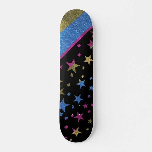 Starry Gay Pride Flag Sparkly Pansexual Glitter Skateboard (Front)