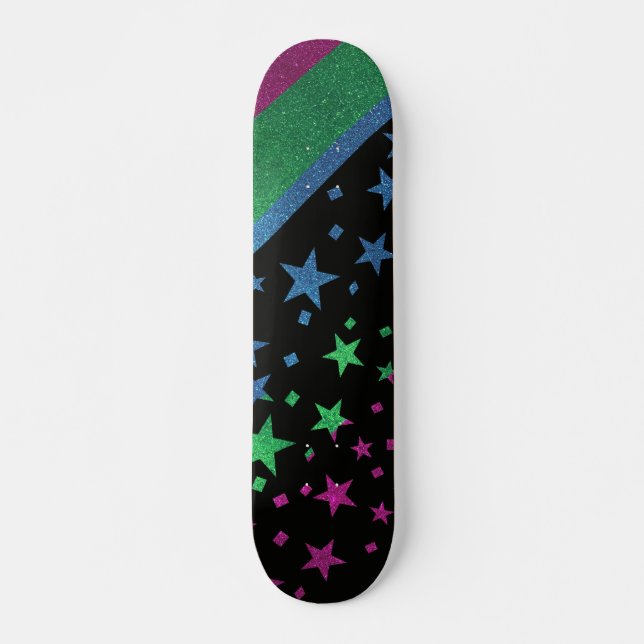 Starry Gay Pride Flag Sparkly Polysexual Glitter Skateboard (Front)