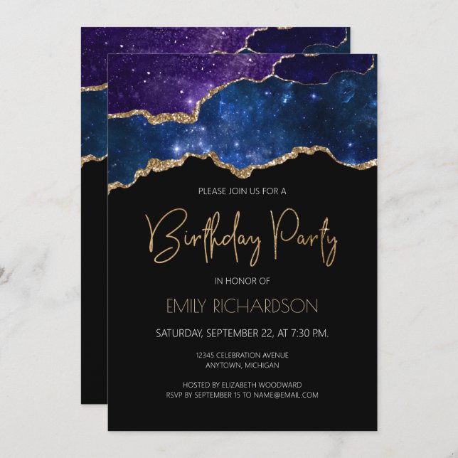 Starry Gold Agate Geode Any Year Birthday Invitation (Front/Back)
