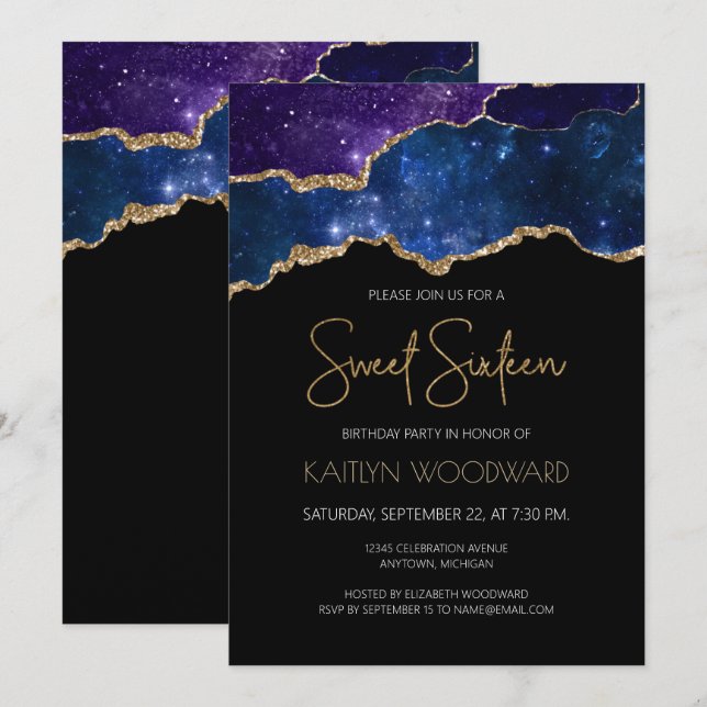 Starry Gold Agate Geode Sweet 16 Birthday Party Invitation (Front/Back)