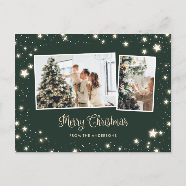 Starry Green Snow 3 Photo Merry Christmas Holiday Postcard (Front)