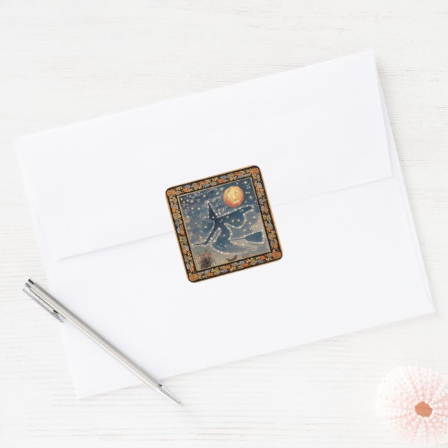 Starry Halloween Night with Fall Border Square Sticker (Envelope)