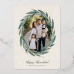 Starry Laurel | Hanukkah Photo<br><div class="desc">Send Hanukkah greetings to friends and family in chic style with our elegant photo cards. Your favourite vertical or portrait orientated image is framed by an oval laurel wreath of green watercolor eucalyptus leaves on a warm ivory background accented with gold foil stars. Personalise with your custom holiday greeting and...</div>