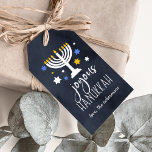Starry Lights | Hanukkah Gift Tags<br><div class="desc">Festive Hanukkah gift tags feature "joyous Hanukkah" in white lettering on a navy blue background accented with a lit menorah and white,  blue and gold stars. Personalise with your names beneath.</div>