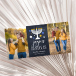 Starry Lights Hanukkah Photo Card<br><div class="desc">Festive and cute Hanukkah photo card features two favourite photos. "Joyous Hanukkah" appears in the centre in white lettering on a navy blue background accented with a lit menorah and white,  blue and gold stars. Personalise with your names beneath in white lettering.</div>