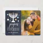 Starry Lights | Hanukkah Photo Card<br><div class="desc">Festive Hanukkah photo card features your favourite photo aligned at the right,  with "joyous Hanukkah" in white lettering on a rich navy blue background adorned with stars and a lit menorah. Personalise with your names and the year.</div>