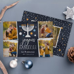 Starry Lights | Hanukkah Photo Collage Card<br><div class="desc">Festive Hanukkah photo card features four photos in a collage layout,  with "joyous Hanukkah" in white lettering on a navy blue background accented with a lit menorah and white,  blue and gold stars. Personalise with your names beneath,  and add an additional photo to the back.</div>