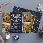 Starry Lights | Hanukkah Photo Collage Card<br><div class="desc">Festive Hanukkah photo card features four photos in a collage layout,  with "joyous Hanukkah" in white lettering on a navy blue background accented with a lit menorah and white,  blue and gold stars. Personalise with your names beneath,  and add an additional photo to the back.</div>