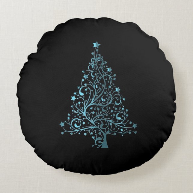 Starry Merry Christmas Tree Black Blue Elegant Round Cushion (Front)