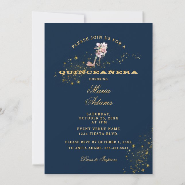 Starry Midnight Blue Quinceañera  Invitation (Back)