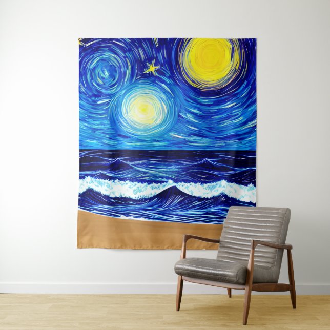 Starry Moon Beach Waves Tapestry (In Situ)