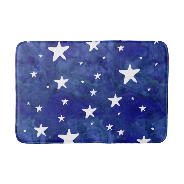 Starry navy blue watercolor bath mat (Front)