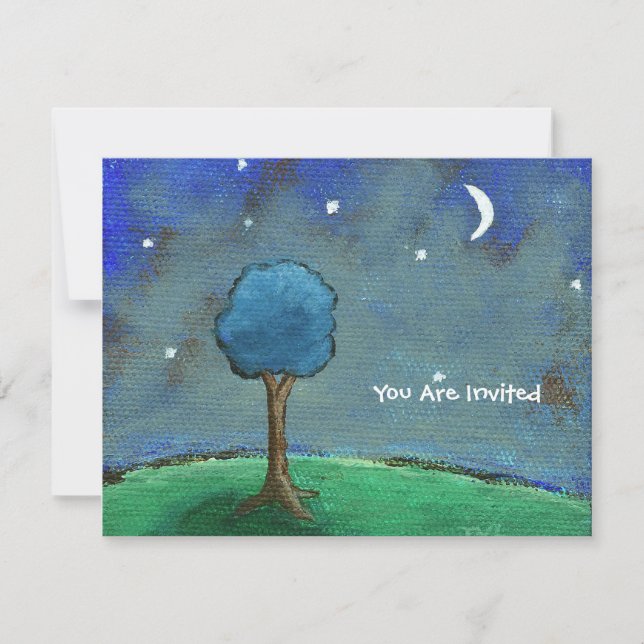 Starry Night, Abstract Landscape Tree Stars Moon Invitation (Front)