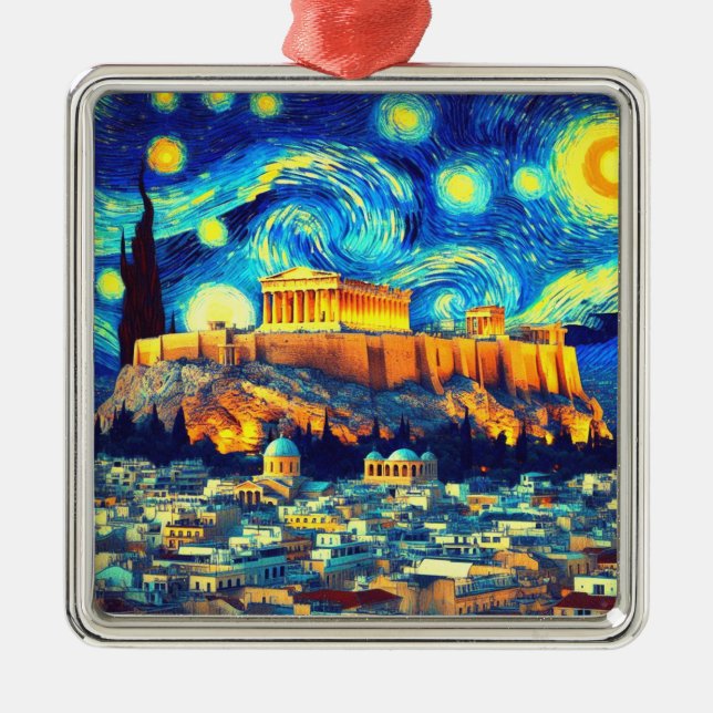 Starry Night Acropolis Athens Greece Metal Tree Decoration (Front)