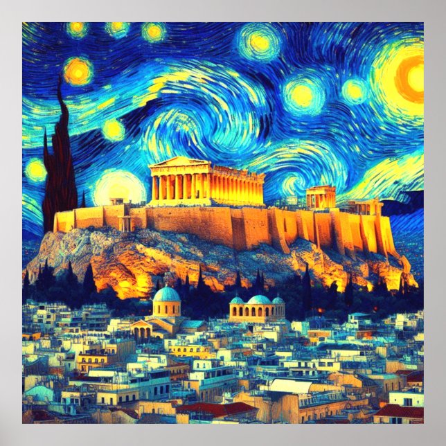 Starry Night Acropolis Athens Greece Poster (Front)