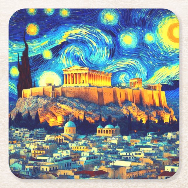 Starry Night Acropolis Athens Greece Square Paper Coaster (Front)