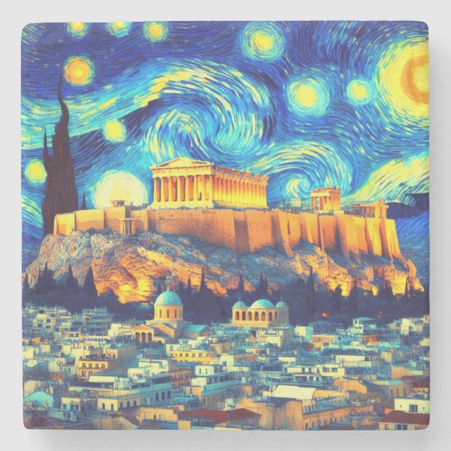 Starry Night Acropolis Athens Greece Stone Coaster (Front)
