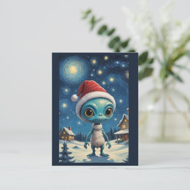 Starry Night Alien Cute Christmas Custom Text Postcard (Standing Front)
