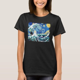 Starry Night and Great Wave Van Gogh Art Painting  T-Shirt