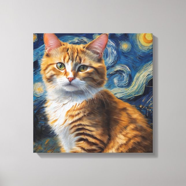 Starry Night Art With a Cat Canvas Print (Front)