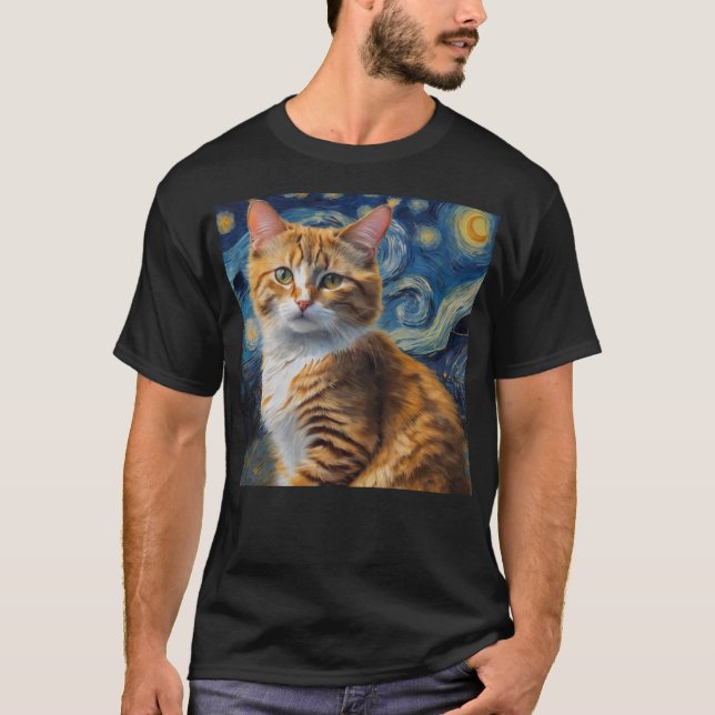 Starry Night Art With a Cat T-Shirt (Front)