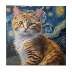 Starry Night Art With a Cat Tile