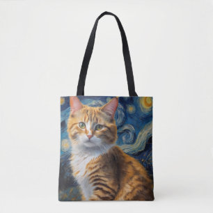 Starry Night Art With a Cat Tote Bag