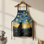 Starry Night Artistic Black Cat & Celestial Town  Apron<br><div class="desc">Unleash your inner chef and artist with our captivating "Starry Night Cat" apron! This isn't just protective kitchen wear; it's a wearable piece of art that brings charm and inspiration to your cooking and baking. The stunning design showcases a serene black cat perched on a rooftop, its elegant silhouette framed...</div>