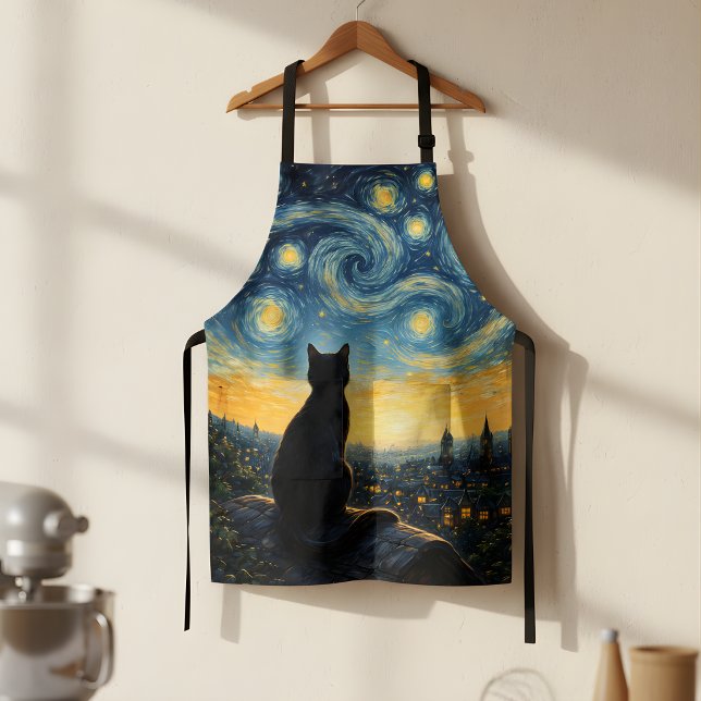 Starry Night Artistic Black Cat & Celestial Town  Apron (Creator Uploaded)