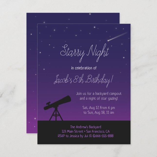 Starry Night Astronomy Kids Birthday Invitations (Front/Back)