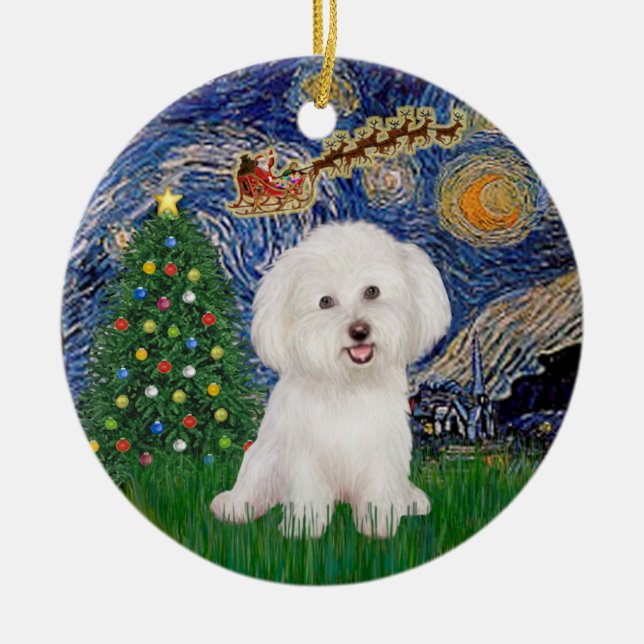 Starry Night - Bichon Frise #7 Ceramic Tree Decoration (Front)