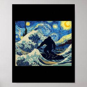 Starry Night Bigfoot Surfing Great Wave Off Kanaga Poster