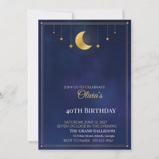 Starry Night Birthday Invitation, Navy Gold Moon Invitation