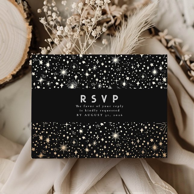 Starry Night Black and Gold Wedding RSVP Postcard (RSVP celestial night sky black postcard)