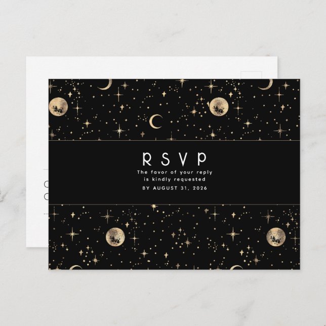 Starry Night Black and Gold Wedding RSVP Postcard (Front/Back)