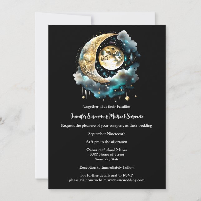 Starry night black blue celestial full moon chic invitation (Front)