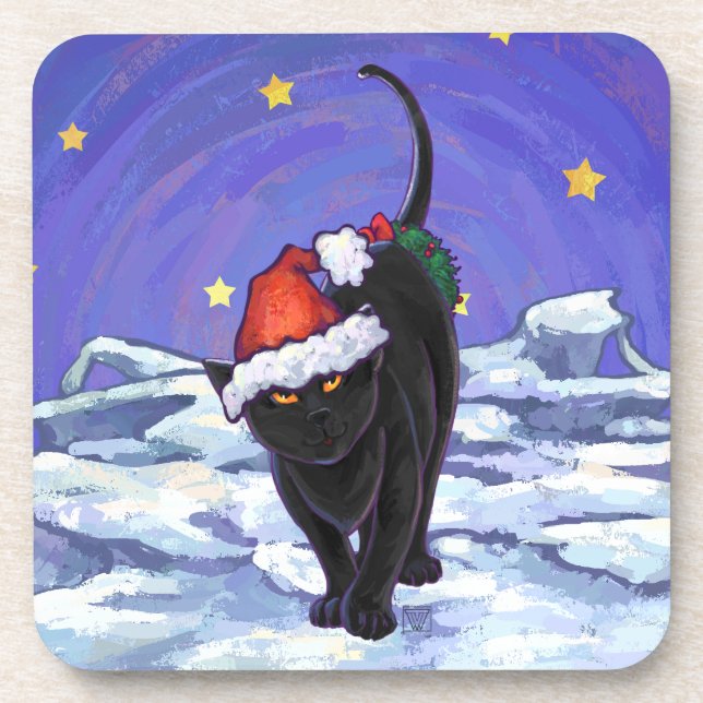 Starry Night Black Cat Christmas Coaster (Front)