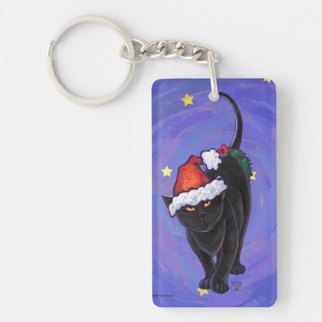 Starry Night Black Cat Christmas Key Ring (Front)