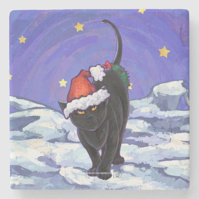 Starry Night Black Cat Christmas Stone Coaster (Front)