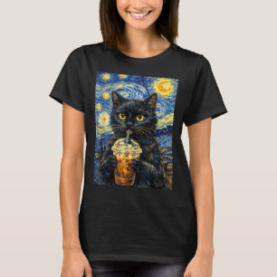 Starry Night Black Cat Coffee Van Gogh Style Funny T-Shirt