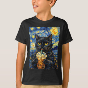 Starry Night Black Cat Coffee Van Gogh Style Funny T-Shirt