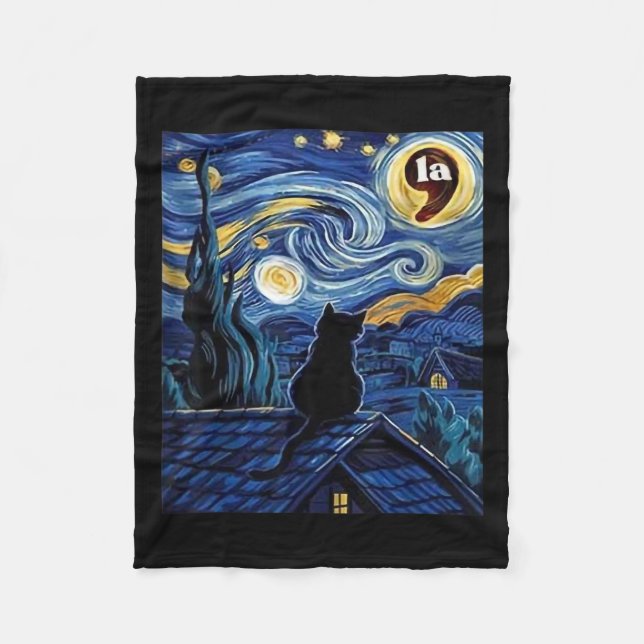 Starry Night Black Cat Comma La Kamala Harris 2  Fleece Blanket (Front)